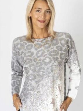 Look Mode Animal Print Gold Flecked Sweater With ‘Love V’ Statement Size Large